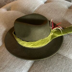 Green Felt Hat with Feather Accent